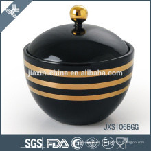 Schwarze Farbe Porzellan Candy Jar mit Deckel, Zucker Topf mit Gold Linie Aufkleber